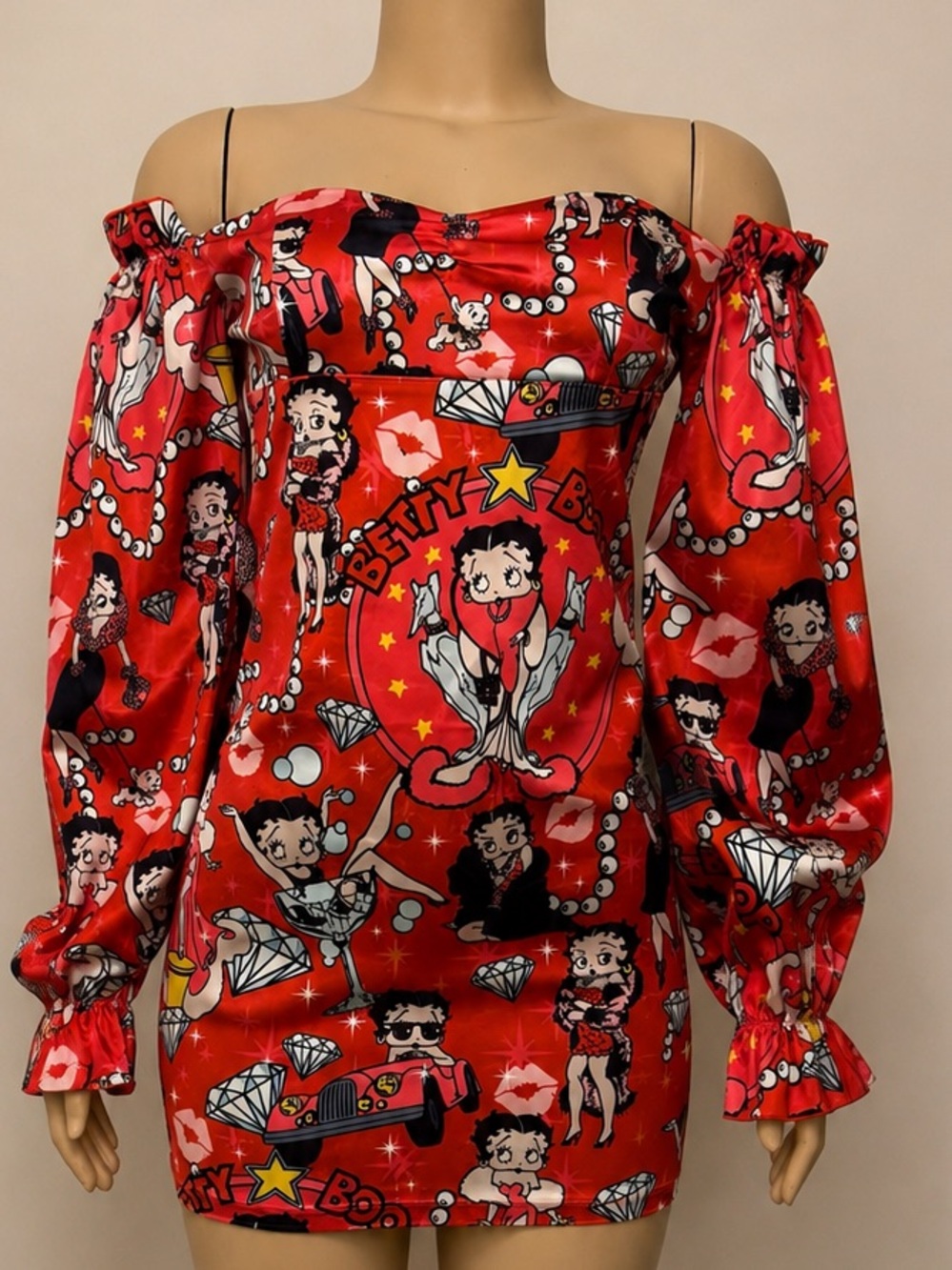 Dolls Kill Dead-stock Red Betty Boop Off-Shoulder Satin Mini Dress